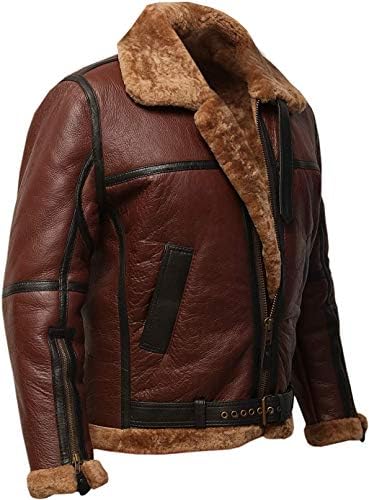 Men RAF Aviator Bomber Real Shearling Sheepskin Brown Leather Pilot Winter Jacket