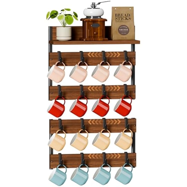 2-in-1 Coffee Mug Holder Wall Mount, 4-Tier Coffee Mug Rack Wall Mounted with 16 Adjustable Hooks and Storage Shelf, Wooden Cup Hanger Organizer for Home Kitchen Display and Collection