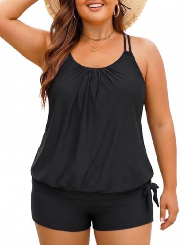 Holipick Women Plus Size 2 Piece Tankini Swimsuit Tummy Control Blouson Bathing Suits Thin Strap Tank Top with Boy Shorts