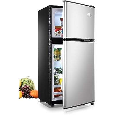 KRIB BLING Mini Fridge With Freezer,3.5 Cu. Ft Compact Refrigerator With 2 Doors,7- Level Adjustable Thermostat, Removable Glass Shelves For Bedroom, Office, Kitchen, Apartment, Dorm, Silver