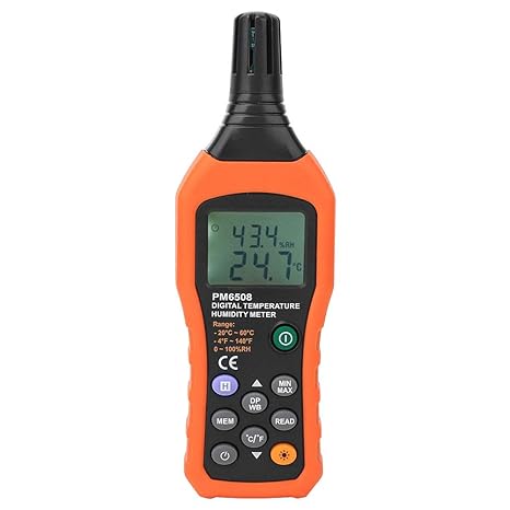 Digital Hygrometer, Display Humidity Temperature Meter for Dew Point Wet Bulb, 99 Records, Ergonomic Design with Cover, PM6508
