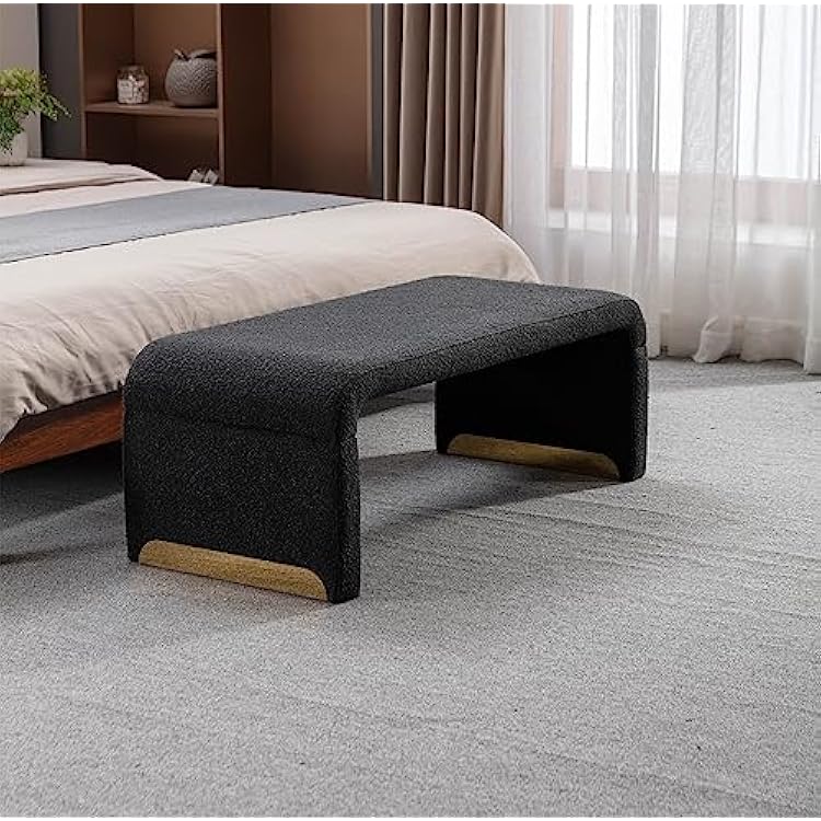 Modern Ottoman Bench, Boucle Fabric End of Bed Bench, Upholstered Footrest Stool with Gold Metal Legs for Bedroom, Entryway, Hallway, Living Room Black