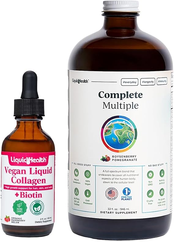 LIQUIDHEALTH Vegan Liquid Collagen Plus Biotin Drops & Complete Multiple Adult Daily Multivitamin Wellness Bundle - Hair & Nail Growth, Skin Health, Immune & Energy Support - USA Made, Vegan, Non-GMO