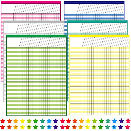 Youngever 6 Pack Multi-Color Laminated Dry Erase Incentive Chart with 120 Reward Star Stickers for Chore Responsibility, School Attendance, Homework Progress Tracking Chart 17 Inch x 22 Inch