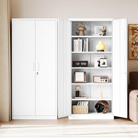 Letaya Metal White Storage Cabinet with Lock-71 Tall Metal Pantry Cabinets,5 Adjustable Shelves and Door for Home,Office,Kitchen,Warehouse,Utility RoomWhite