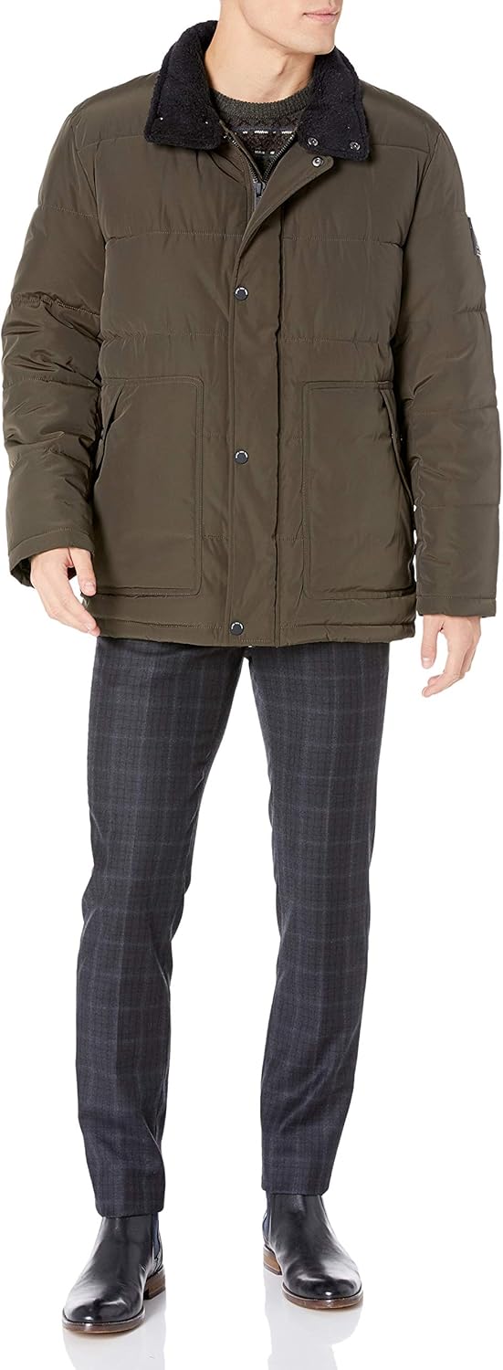 Andrew Marc Mens Legacy Stapleton Mid Length Puffer Jacket with Sherpa Trimmed Collar