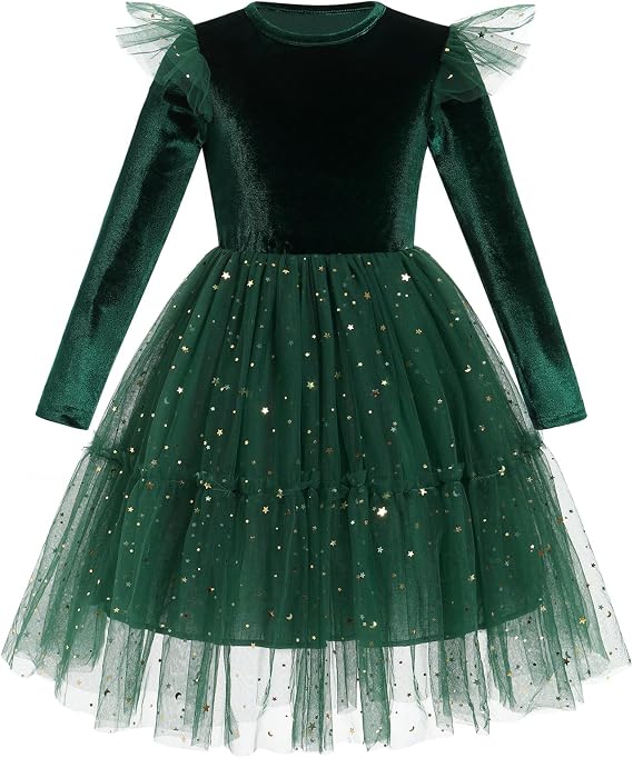 FYMNSI Kids Girls Christmas Dress Toddler Baby Long Sleeve Velvet Tulle Tutu Dress Sparkle Fall Winter Holiday Party Outfits