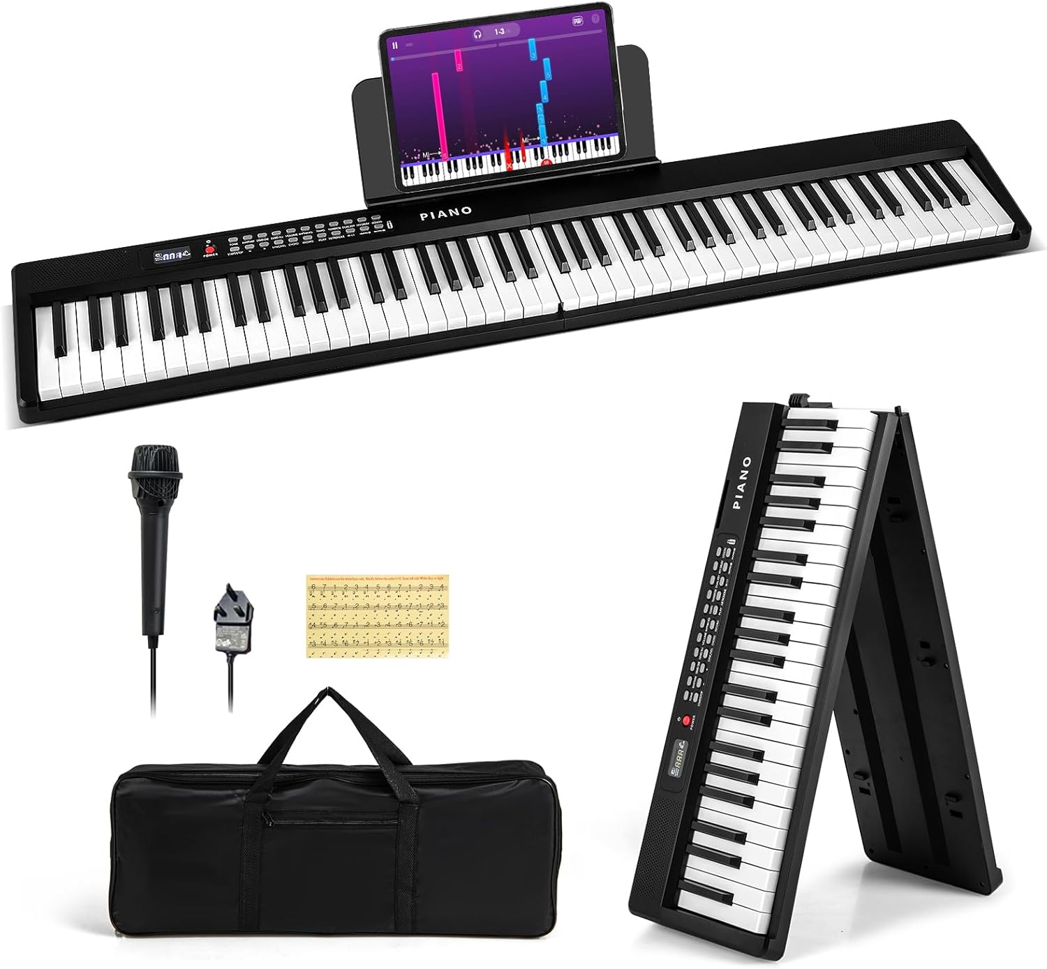 COSTWAY 88-Key Folding Digital Piano Keyboard, Full-Size Semi-Weighted Electric Piano with Microphone, Wireless Connection, Carrying Bag, Portable Keyboard for Beginners, Kids, Adults (Black)