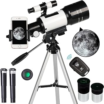 Telescope for Adults & Kids, 70mm Aperture Refractor 15X-150X Portable Travel Telescope with Phone Adapter & Wireless Remote, Astronomy Beginners Gifts, Black