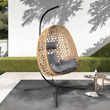 LHBCraft Hanging Egg Chair with Stand, Patio Wicker Swing Chair, Hammock Style with 350LBS Capacity for Bedroom, Balcony, or Garden (Yellow-Grey)