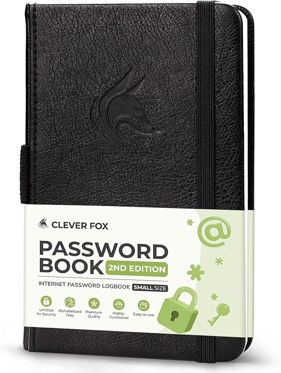 Clever Fox Password Book 2nd Edition Small Pocket Password Keeper with Alphabetical Tabs Internet Address Notebook & Login Details Organizer Journal 3.5x5.6 (Black)