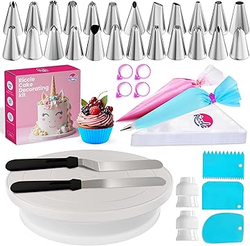 Riccle 94 pcs Cake Decorating Kit with Cake Turntable - Includes 50pcs 16 Inch Disposable + 2 Reusable Piping Bags and Tips Set, 24 Icing Piping Tips, 2 Spatulas, 3 Icing Comb Scraper, 6 Cake Liners