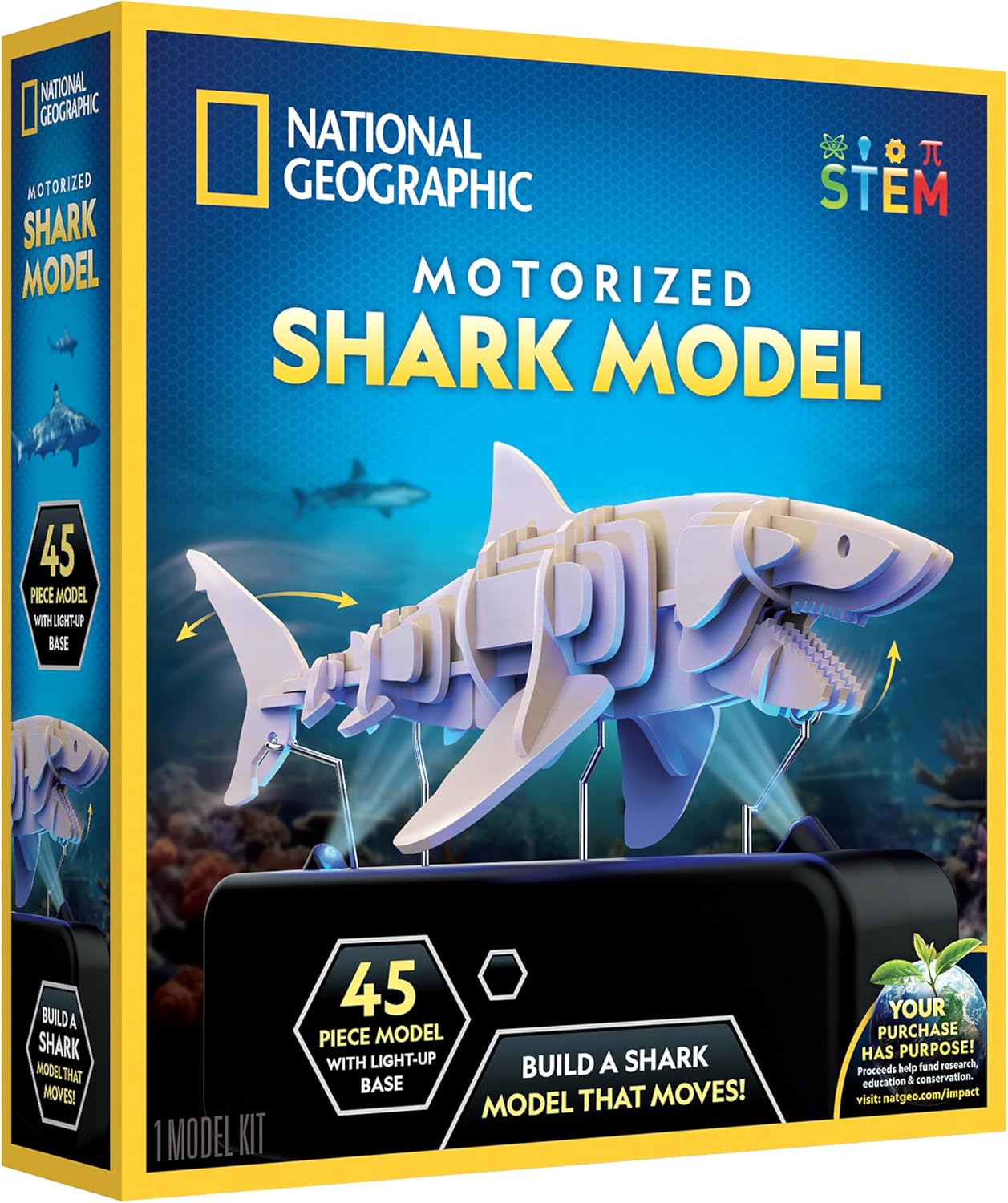 National Geographic Motorized Shark 3D Puzzle - 45-Piece 3D Wood Model Kit with Light-Up Motorized Display Base with 8 Light Settings, 3D Puzzles for Kids, Wooden Animal Puzzle, Shark Toy